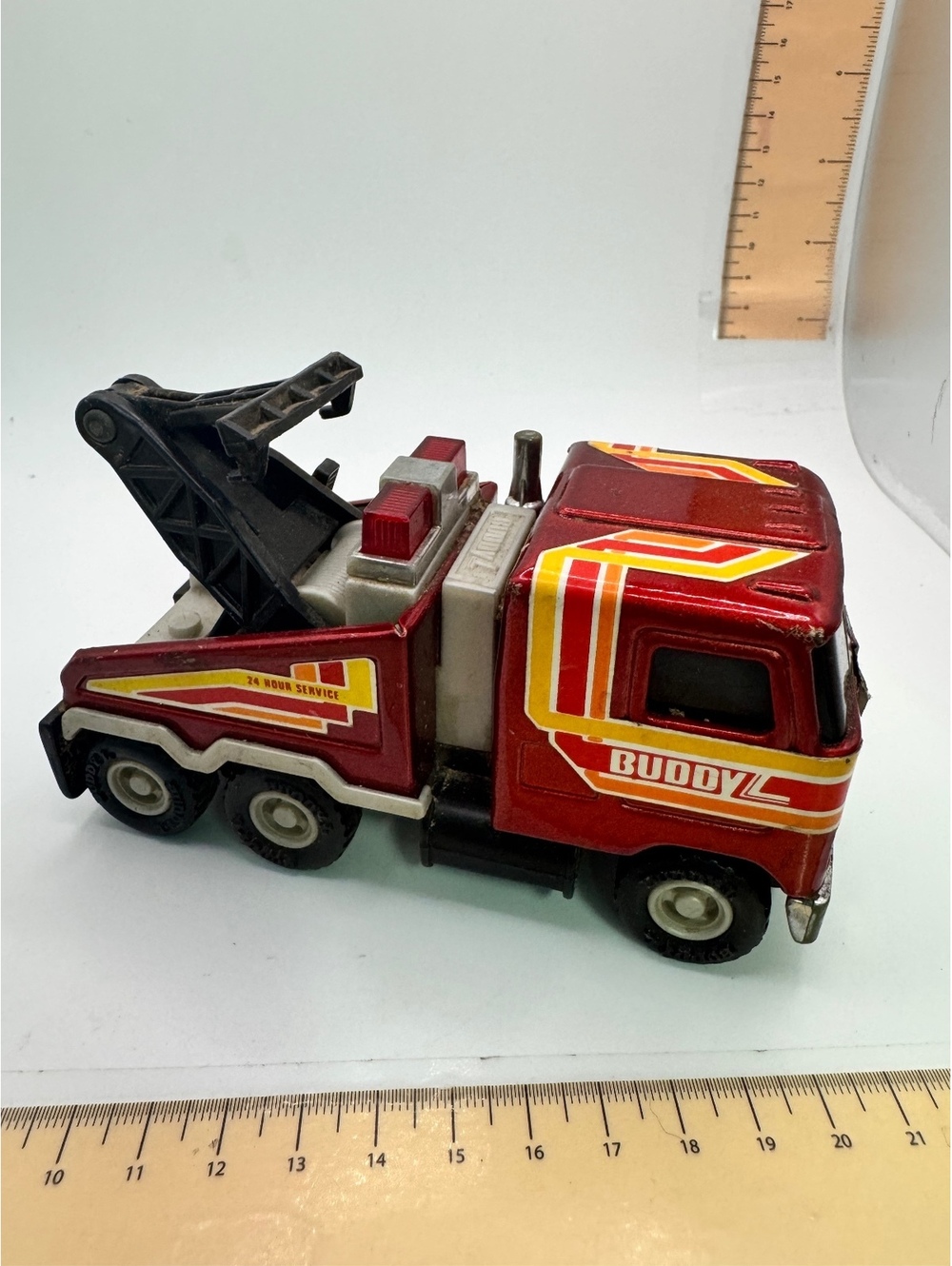 Vintage Buddy L Mack Tow Truck Toy - Classic Red and Yellow